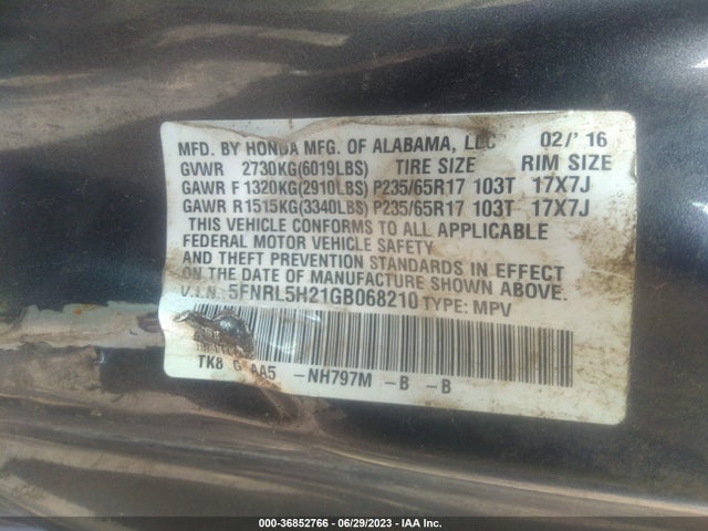Honda ODYSSEY LX 2016 5FNRL5H21GB068210 Image 9