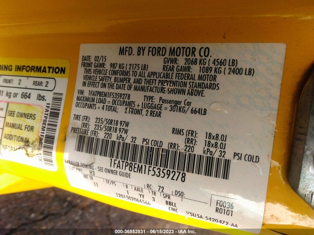 Ford Mustang V6 2015 1FATP8EM1F5359278 Image 9