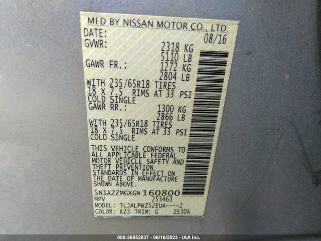 Nissan MURANO S 2016 5N1AZ2MGXGN160800 Image 15