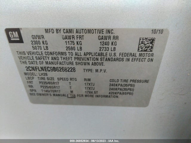 2011 CHEVROLET EQUINOX LT W/2LT VIN: 2CNFLNEC9B6268228