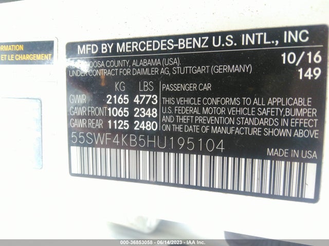 2017 MERCEDES-BENZ C 300 SPORT 4MATIC/LUXURY 4MATIC/4MATIC VIN: 55SWF4KB5HU195104