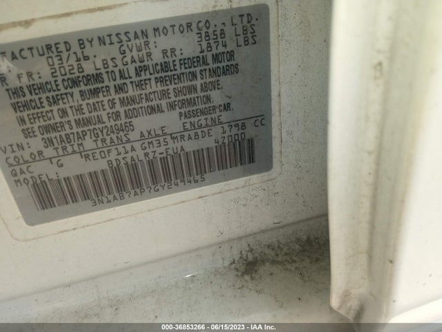 2016 NISSAN SENTRA SR VIN: 3N1AB7AP7GY249465