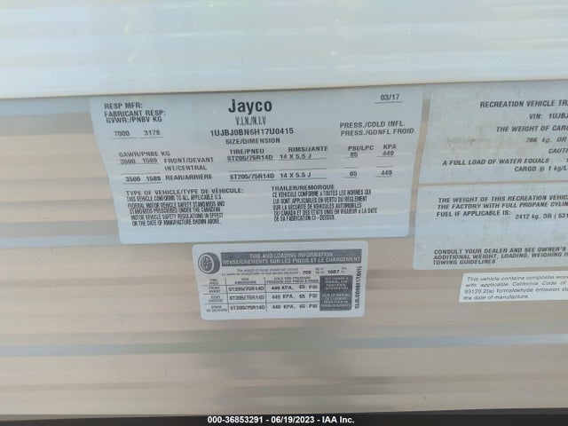 Aukcja sprzedaży 2017 Jayco Other, vin: 1UJBJ0BN6H17U0415, numer aukcji: 36853291