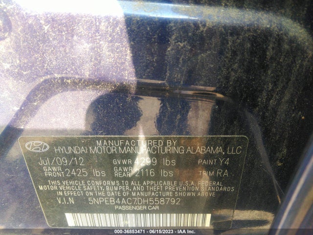 2013 HYUNDAI SONATA GLS PZEV VIN: 5NPEB4AC7DH558792