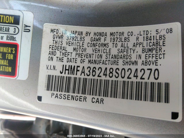 2008 HONDA CIVIC HYBRID VIN: JHMFA36248S024270