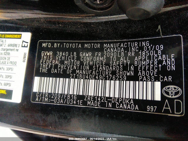 2009 TOYOTA COROLLA VIN: 2T1BU40E49C176259