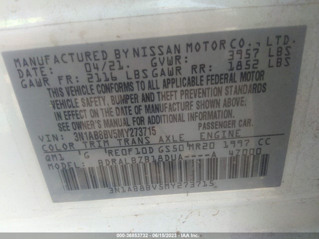 2021 NISSAN SENTRA S VIN: 3N1AB8BV5MY273715