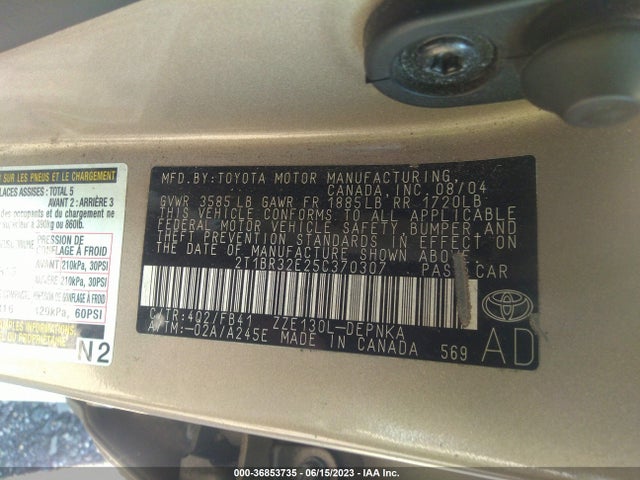 2005 TOYOTA COROLLA CE/S/LE VIN: 2T1BR32E25C370307