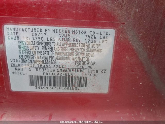 3N1CN7AP5HL881606 Nissan Versa Sedan S Plus