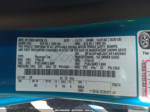 2012 FORD FIESTA SE VIN: 3FADP4BJ2CM145980