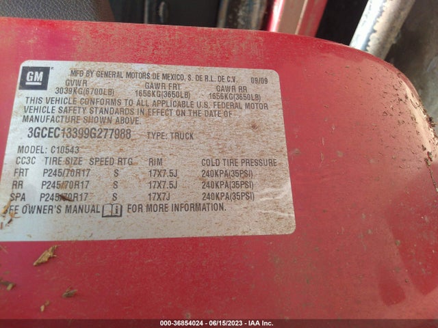 2009 CHEVROLET SILVERADO 1500 XTRA FUEL ECONOMY VIN: 3GCEC13399G277988