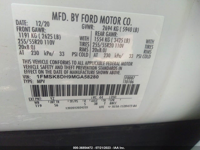 2021 FORD EXPLORER XLT VIN: 1FMSK8DH9MGA58280