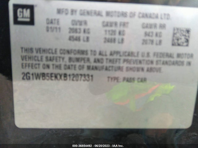 2011 CHEVROLET IMPALA LT RETAIL VIN: 2G1WB5EKXB1207331