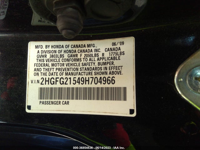 2009 HONDA CIVIC CPE SI VIN: 2HGFG21549H704966
