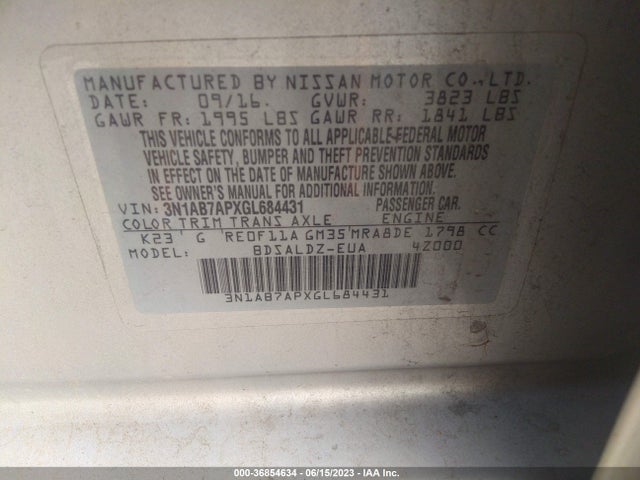 2016 NISSAN SENTRA SV VIN: 3N1AB7APXGL684431