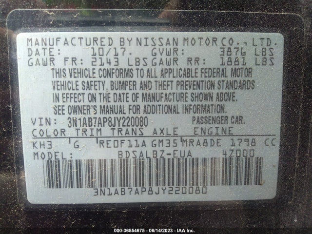 2018 NISSAN SENTRA S VIN: 3N1AB7AP8JY220080