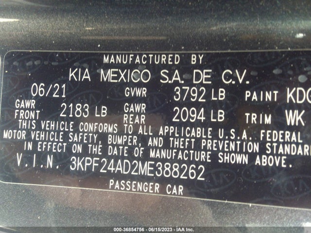 2021 KIA FORTE LXS VIN: 3KPF24AD2ME388262