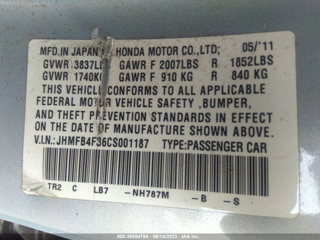 2012 HONDA CIVIC HYBRID VIN: JHMFB4F36CS001187
