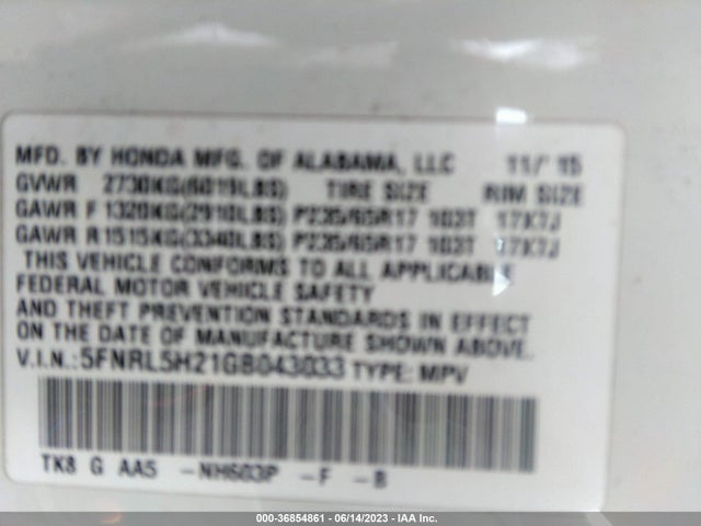 Honda ODYSSEY LX 2016 5FNRL5H21GB043033 Image 9