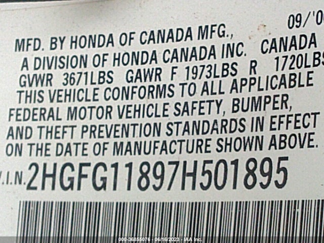 2007 HONDA CIVIC CPE EX VIN: 2HGFG11897H501895