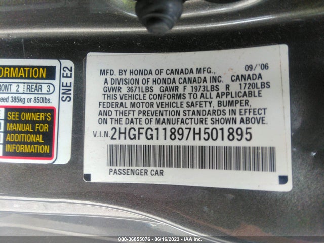 2007 HONDA CIVIC CPE EX VIN: 2HGFG11897H501895