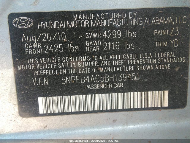 Продажа на аукционе авто 2011 Hyundai Sonata Gls, vin: 5NPEB4AC5BH139451, номер лота: 36855104