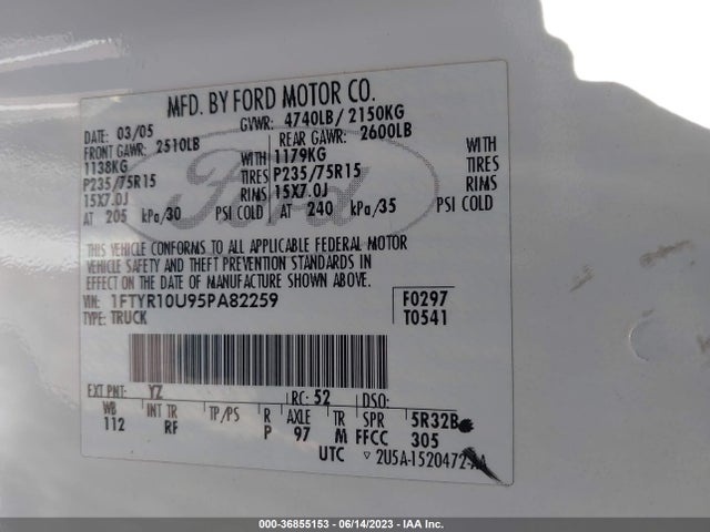 2005 FORD RANGER XL/XLT/EDGE/STX VIN: 1FTYR10U95PA82259