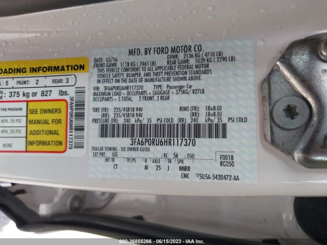 3FA6P0RU6HR117370 Ford FUSION HYBRID