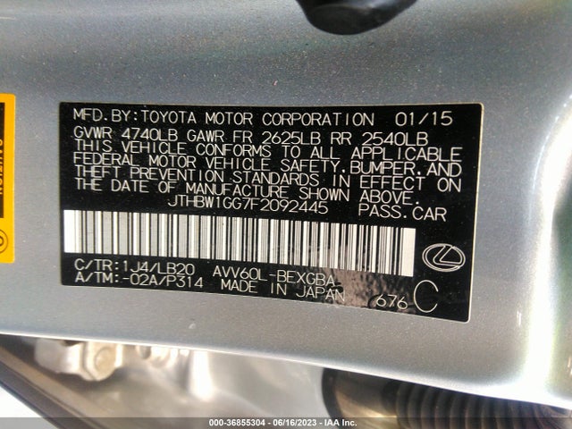 JTHBW1GG7F2092445 Lexus Es 300h Hybrid