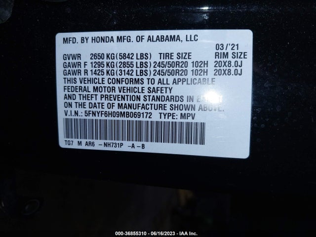 Honda Pilot Awd Elite 2021 5FNYF6H09MB069172 Image 9
