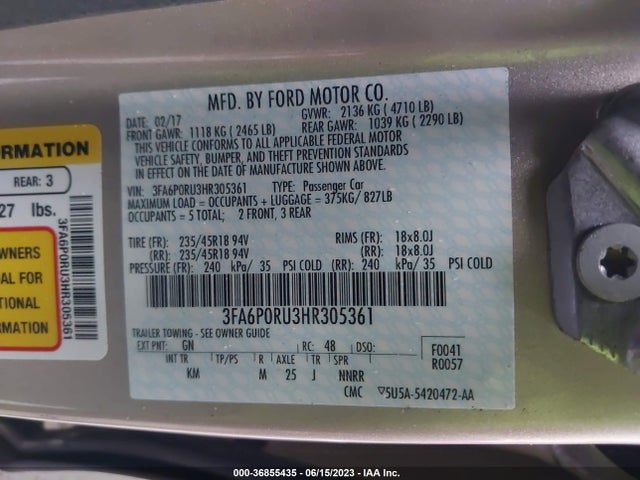 Ford FUSION HYBRID 2017 3FA6P0RU3HR305361 Image 9