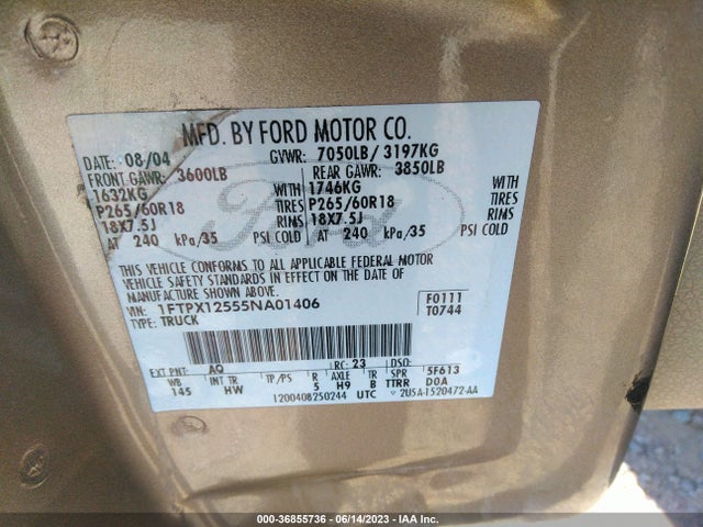 2005 FORD F-150 XLT/LARIAT/XL VIN: 1FTPX12555NA01406