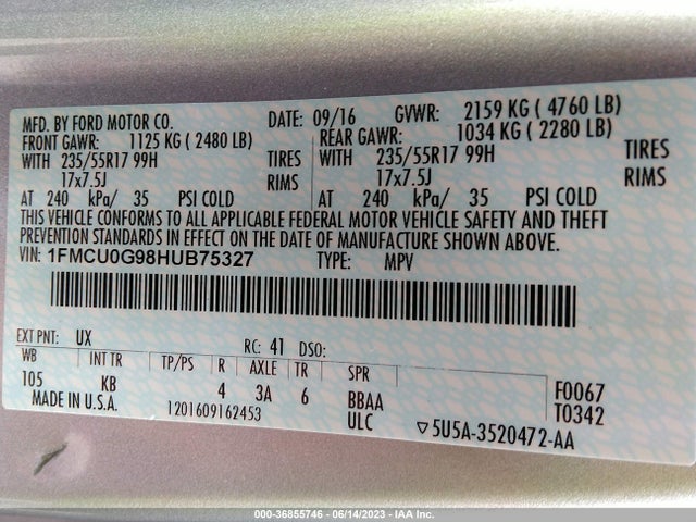 Ford ESCAPE SE 2017 1FMCU0G98HUB75327 Image 16