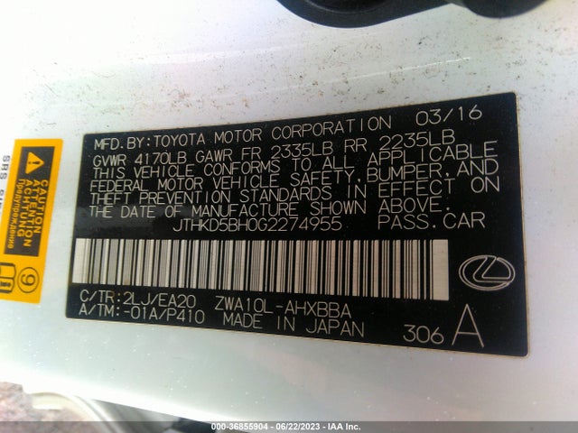 JTHKD5BH0G2274955 Lexus Ct 200h Hybrid