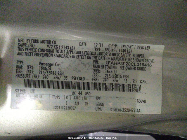 2012 FORD FOCUS SE VIN: 1FAHP3F20CL319416