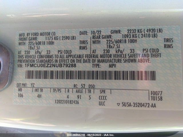 2022 Ford Escape, VIN: 1FMCU0EZ2NUB79288