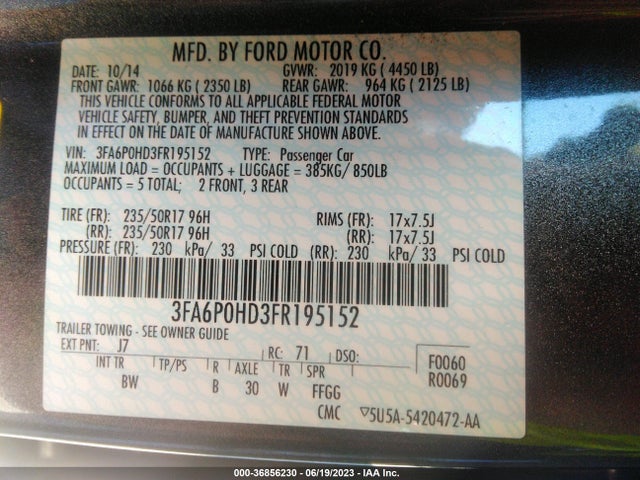Ford FUSION SE 2015 3FA6P0HD3FR195152 Image 15