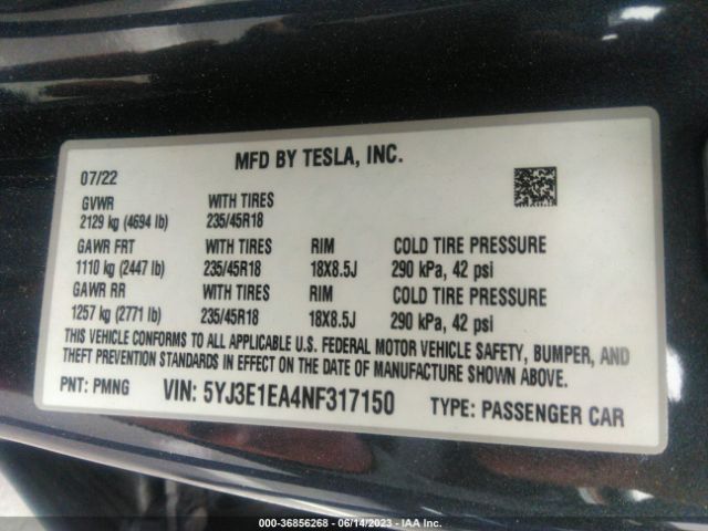 5YJ3E1EA4NF317150 Tesla MODEL 3