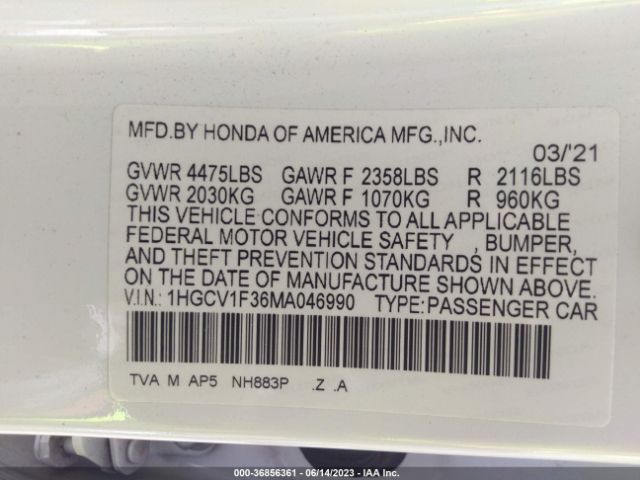 1HGCV1F36MA046990 Honda Accord Sedan Sport