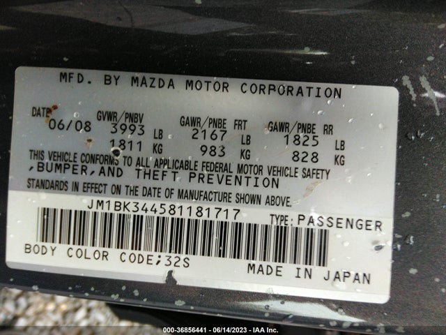 2008 MAZDA MAZDA3 S SPORT VIN: JM1BK344581181717