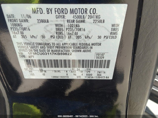 2007 FORD ESCAPE XLT VIN: 1FMCU03117KB59822