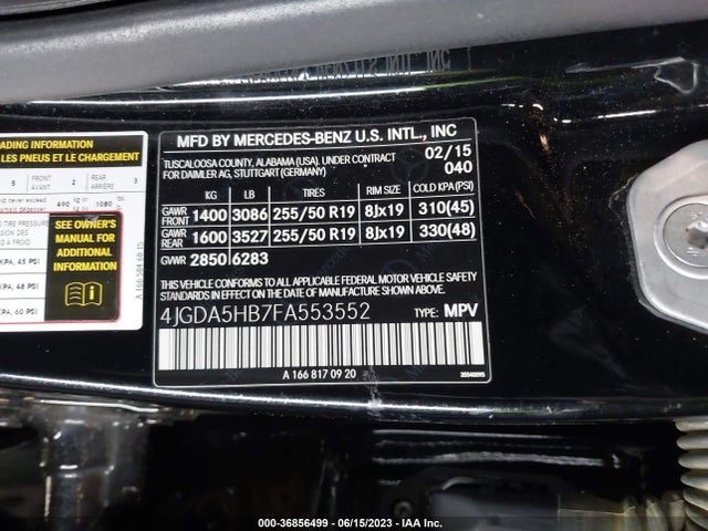 2015 MERCEDES-BENZ M-CLASS ML 350 VIN: 4JGDA5HB7FA553552