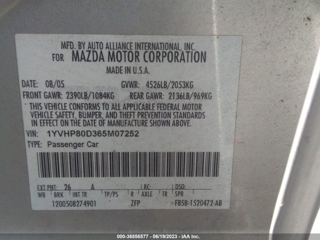 2006 MAZDA MAZDA6 SPORT S VIN: 1YVHP80D365M07252