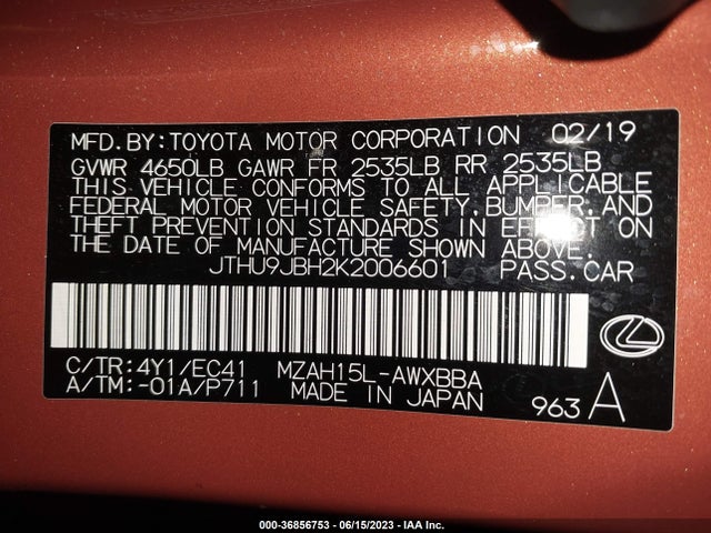 2019 Lexus UX, VIN: JTHU9JBH2K2006601