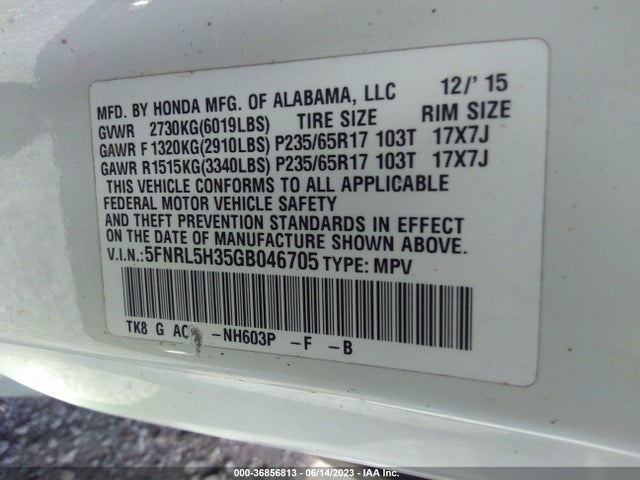Honda ODYSSEY SE 2016 5FNRL5H35GB046705 Image 9