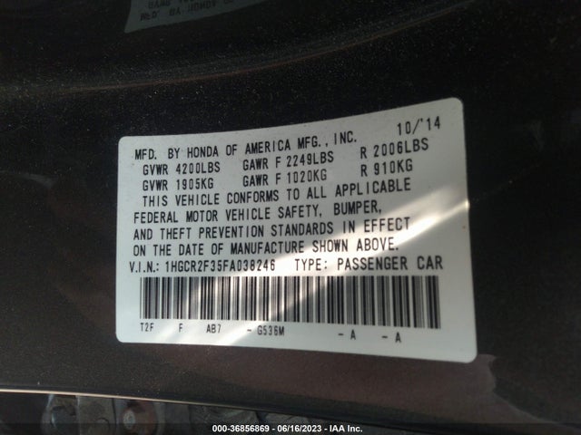 Honda Accord Sedan Lx 2015 1HGCR2F35FA038246 Image 9