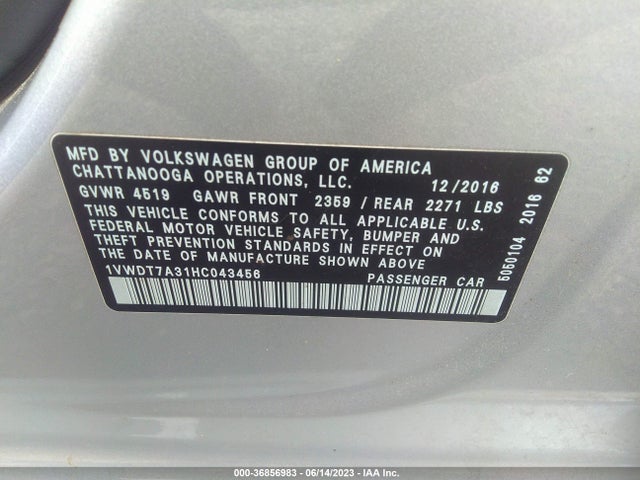 1VWDT7A31HC043456 Volkswagen Passat R-line W/comfort Pkg