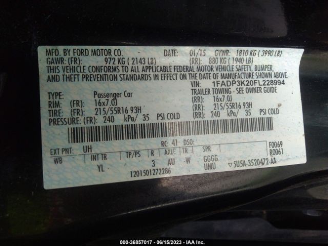 1FADP3K20FL228994 Ford FOCUS SE