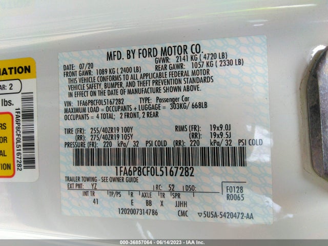 2020 FORD MUSTANG GT VIN: 1FA6P8CF0L5167282