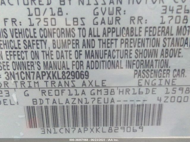3N1CN7APXKL829069 Nissan Versa Sedan S Plus
